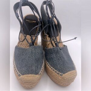 NWOT YSL Ladies Size IT|38 Denim Espadrilles Leather Lace Up Wedges